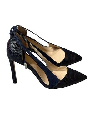 Zara Navy Blue Croc Embossed Suede Cutout Bow Stiletto Pumps Heels Sz 35